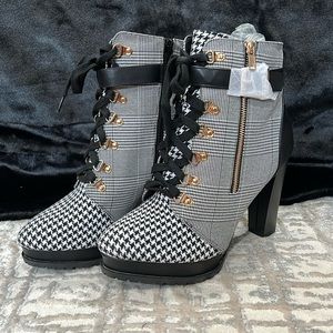 Black and white herringbone patterned bootie